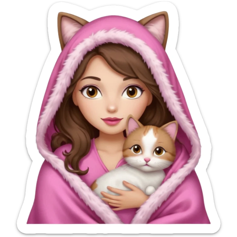 girl with long wavy brown hair, brown eyes, long lashes makeup, sexy pink lips, light to medium complexion, wearing a pink sexy silk top, big blanket over the head cozy holding a cat sticker