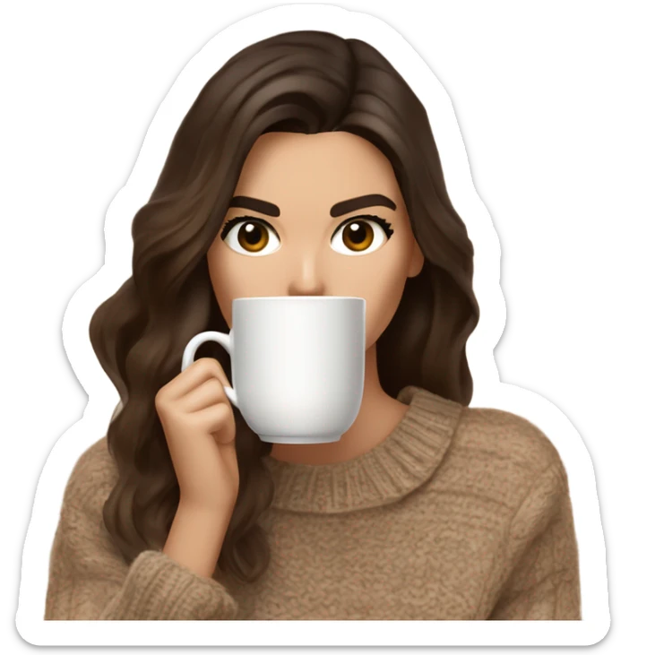brunette Kendall Jenner with long and light brown hair her eyes brown and sipping coffee Her hair is wavy and shiny With brown sweater just one  sticker
