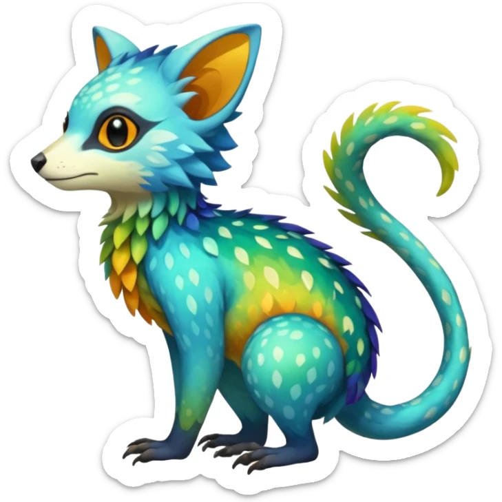 Colorful tropical exotic shiny beautiful fantasy-Trico-Cacomistle-oncilla-animal-Fakémon-hybrid-fursona (full body) sticker