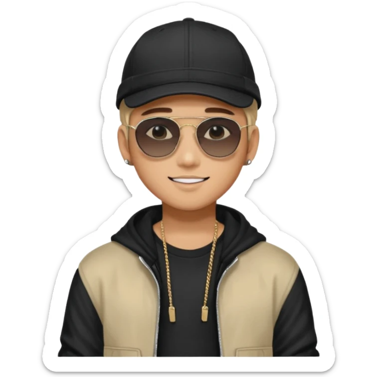 Portrait of a male K-pop idol, wearing a stylish streetwear outfit with layered clothing, makeup, wearing a black cap, happy, sunglasses sticker