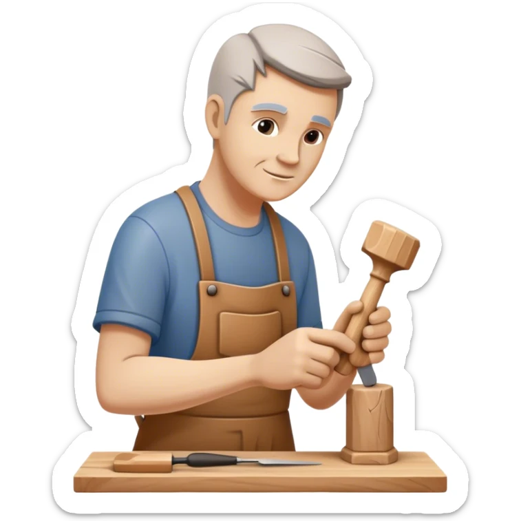 Wood sculptor master carving a wooden sculpture, chisel and mallet in hand, carved wooden figure in progress, natural wood texture, minimalistic style, clean lines, transparent background. sticker
