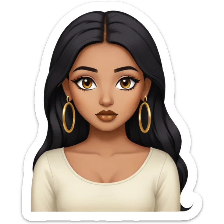 indian girl, brown skin, long black voluminous hair, brown underneath colored hair, baddie,pretty, makeup, lipliner, black eyeliner, gold hoop earrings, white top sticker