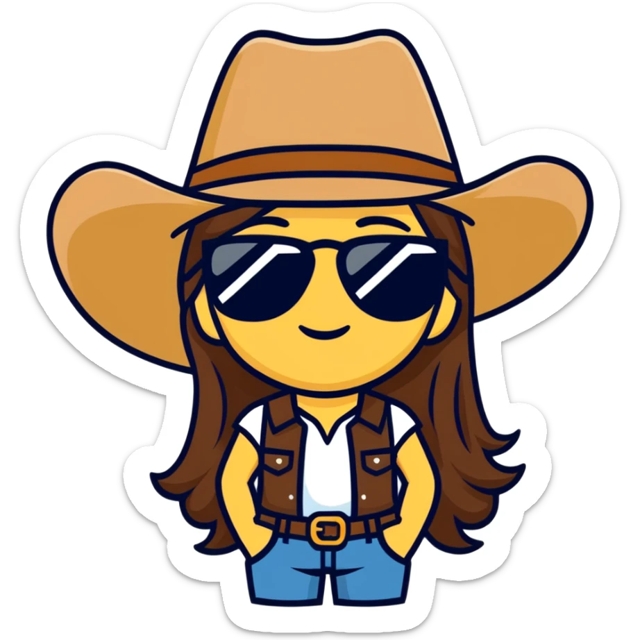 Girl emoji with long brown hair wearing a cowboy hat and sunglasses sticker