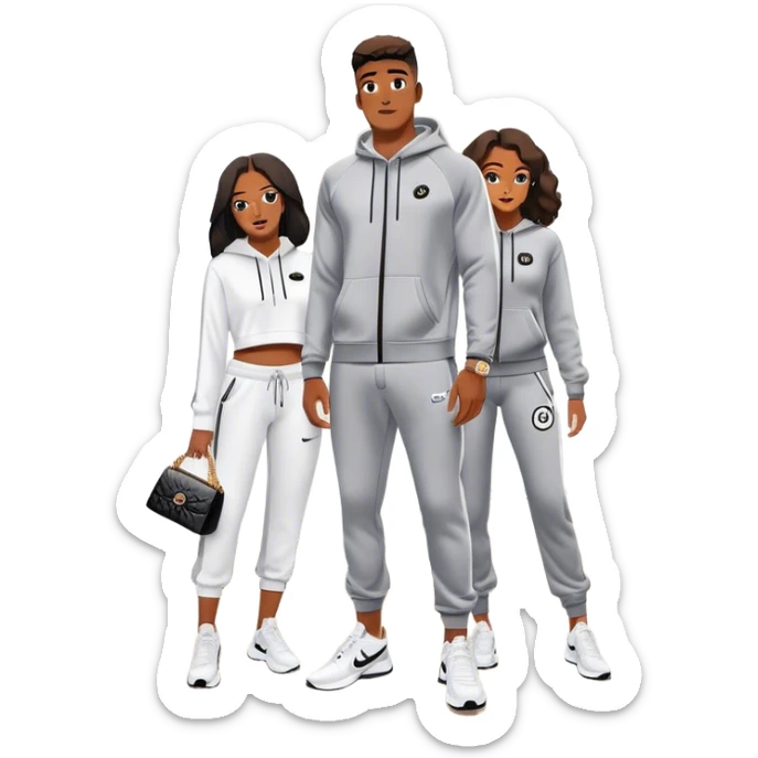 Man living his dream standing in the master bedroom of a mansion. He’s boo’d up with a pretty Brownskin big booty woman wearing a Chanel outfit and Bvlgari watch with her holding a Chanel bag. The man has on a Nike Tech Fleece sweatsuit. The man isn’t holding a bag sticker