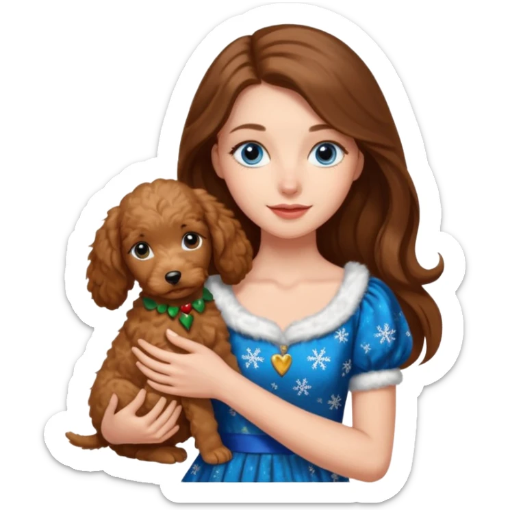 white girl with long brown hair and blue eyes wearing a christmas dress, holding a golden doodle puppy sticker
