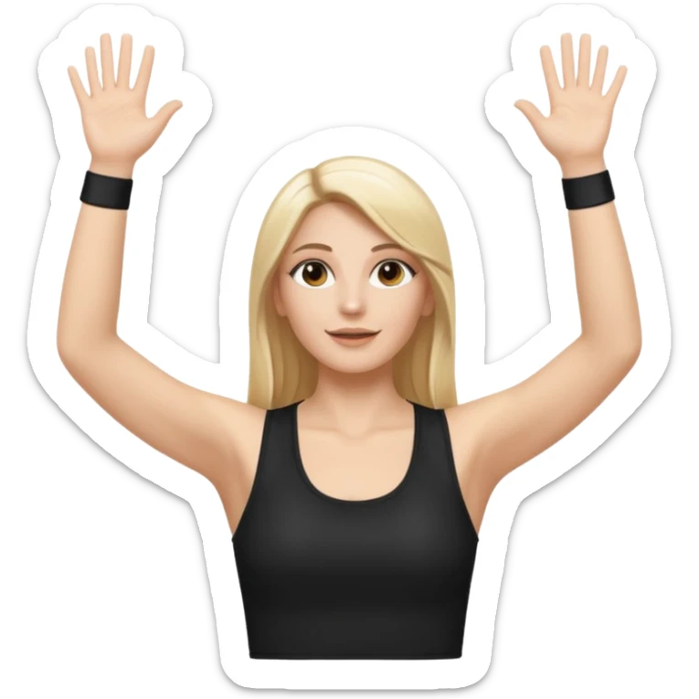 I want a white female dj animated gif emoji with long straight centre parting blonde hair, brown eye brows and putting hands up in the air. Wearing a black tight top with no sleeve sticker