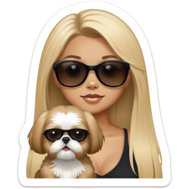Blonde girl with long hair and black sunglasses with tan Shih Tzu sticker