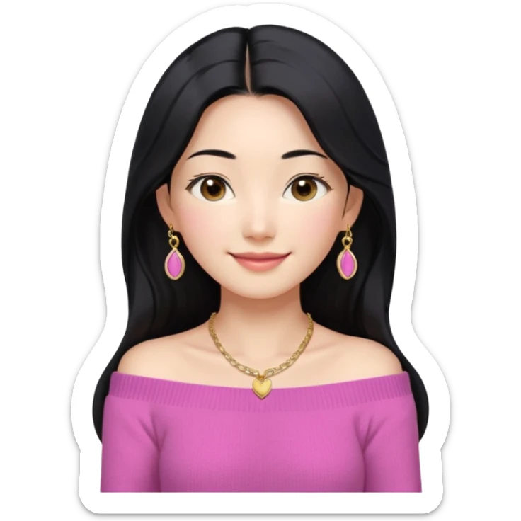 South Korean girl in her mid-thirties with long black hair with a middle part. She is wearing a pink, off the shoulder long sleeve knit sweater, extra small gold earrings and a gold necklace. She has brown eyes with narrow, mono lid shape and smiling with lips together sticker