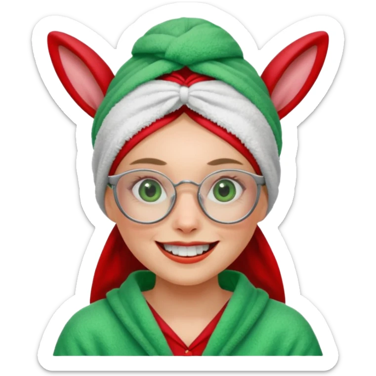 A woman who has a big rabbit-like front teeth wearing a green towel in her head with a broken glasses on her face in red pajamas sticker