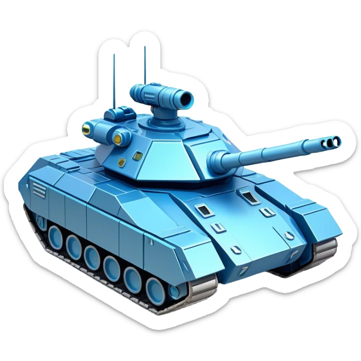 Clash of Clans aesthetic: Cinematic heroic Space Tank Emoji, rendered in a 3D vector-style similar to standard emojis with minimal shading and bold, simplified shapes. A robust, isometric armored vehicle with sleek futuristic plating and energy cannons, softly glowing with a high-tech cosmic combat charm. Simplified yet unmistakably iconic, highly detailed and consistent, glowing with a soft radiant shine and high gloss. Stylized with a touch of intergalactic warfare and a soft glowing outline, capturing the essence of a futuristic battle machine with a friendly, playful spirit! sticker