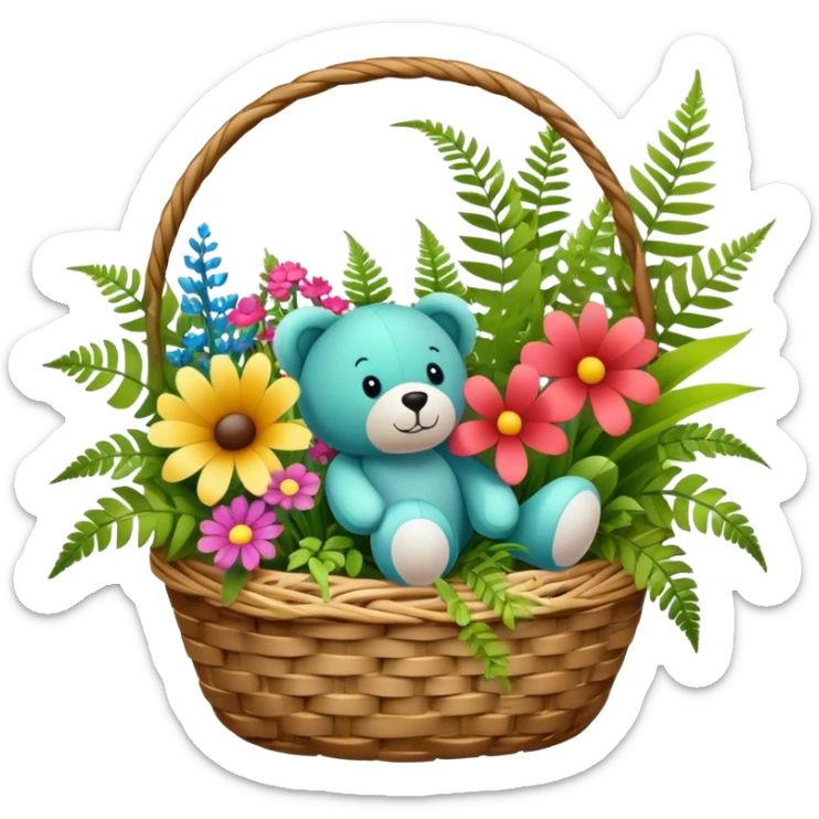 Icon for Floristry: a woven basket with flowers, reeds, ferns, bright ribbons, and a small plush toy. The icon should represent creativity in flower arrangement and decorative design. Transparent background. sticker