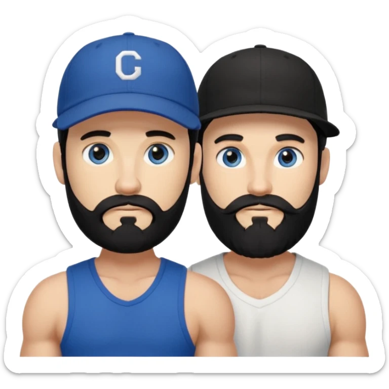 two guys, a gay couple. Guy on right, curled black hair sticking out under a baseball cap, long black beard, blue eyes, chiseled features, very tanned and very muscular. The other, pale white skin tone, very short black hair, a short beard, brown eyes, toned body. sticker