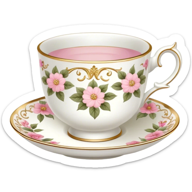 White teacup with baby pink floral antique print with gold accents  sticker