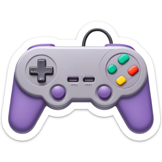 Clash of Clans aesthetic: Cinematic Playful SNES Controller Portrait Emoji, rendered in a 3D vector-style similar to standard emojis with minimal shading and bold, simplified shapes. A compact, distinct form with signature details, softly glowing with a nostalgic gaming charm. Simplified yet unmistakably iconic, highly detailed and consistent, glowing with a soft radiance and high shine. Stylized with a touch of retro gaming magic and a soft glowing outline, capturing the essence of a beloved gaming relic with a friendly, playful manner! sticker