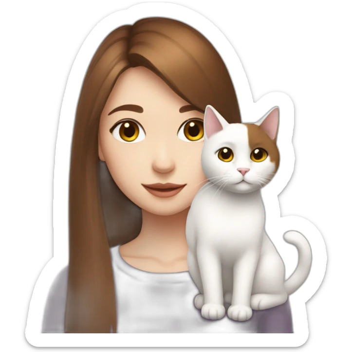 A girl with brown straight hair and on her left shoulder and neck lies a white fluffy cat with eyes of different colors sticker