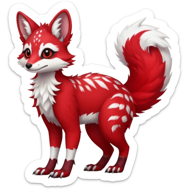 Feral Rare Fantasy   bright cherry-red fur with clean snow-white chest and muzzle Vernid-Sergal-Genet-Trico-species by LiLaiRa, random markings, tufted tail, tufted ears, full body sticker
