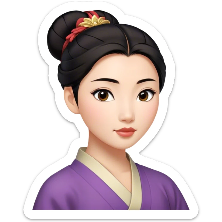 Cinematic Realistic Serene Mulan Portrait, showing Mulan (chest and above) with radiant, smooth skin and delicately detailed dark hair swept back in a neat bun. Her gentle, reflective expression is captured with soft natural lighting that highlights the nuanced textures of her features and traditional attire in muted hues. The composition glows with an inviting, natural radiance and subtle shadows, evoking a calm and introspective mood that speaks of quiet strength and enduring beauty. sticker