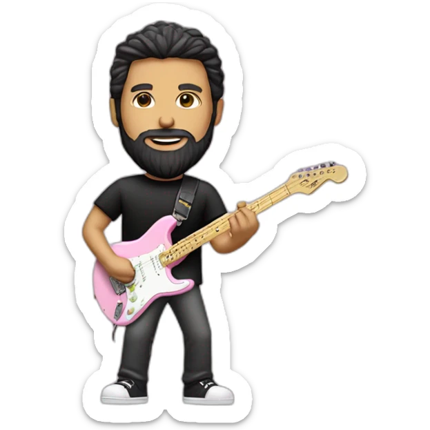 white man with dark beard and black t shirt and pastel pink stratocaster electric guitar sticker