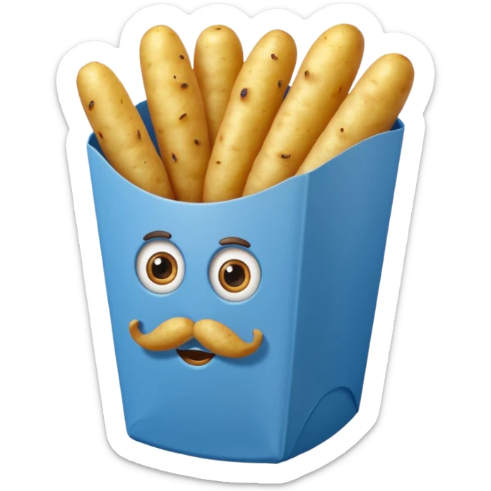 long slim fried potatoes in a blue carton, carton has eyes and mustache sticker