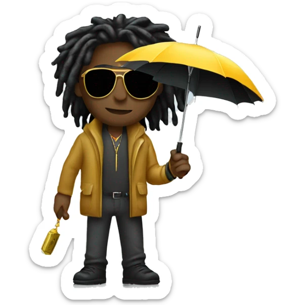 Black male with dreadlocks wearing gold sunglasses holding an umbrella for the rain but instead of rain its money  sticker