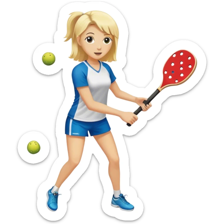 Woman with blond hair playing pickleball with a Selkirk paddle with no holes in paddle sticker