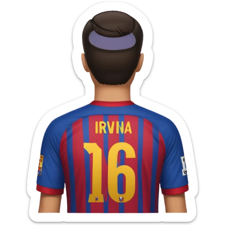 cowo pakai costum barcelona nomor punggung 16 nama IRVINA gaya menghadap belakang sticker