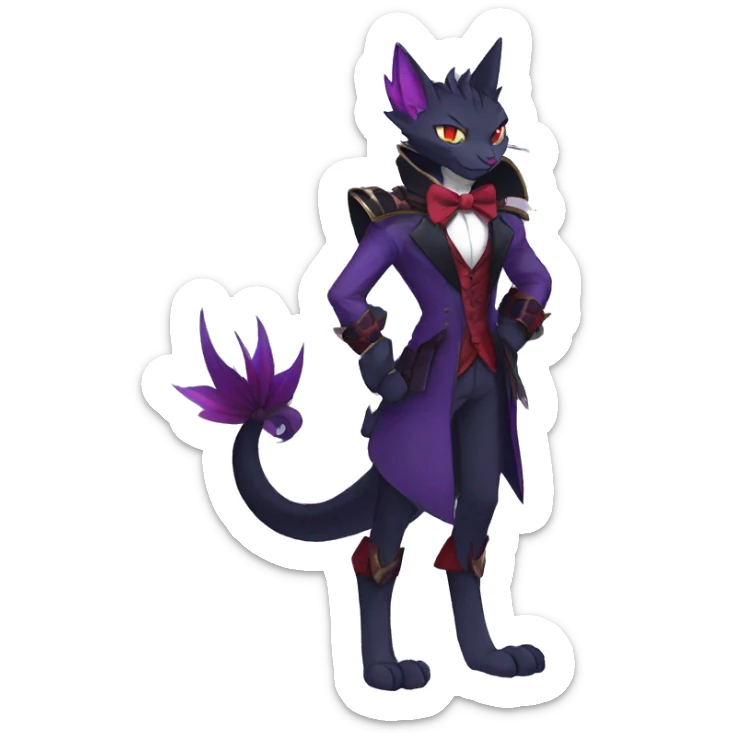 cool anthro evil black purple red ethereal fantasy nargacuga-Noivern-cat-Fakemon collar harness bow tie and bracers full body sticker
