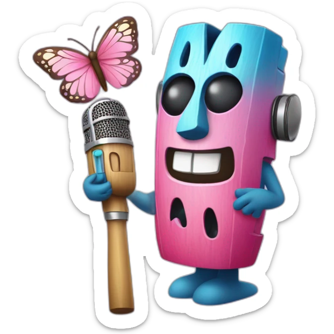 Cartoon Blue and pink tiki singing with butterfly and in the mikrophone sticker