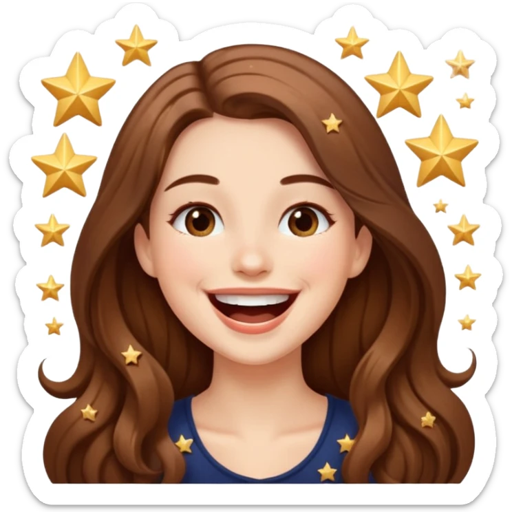 woman with long brown hair laughing with stars and sparkles, light beige sticker
