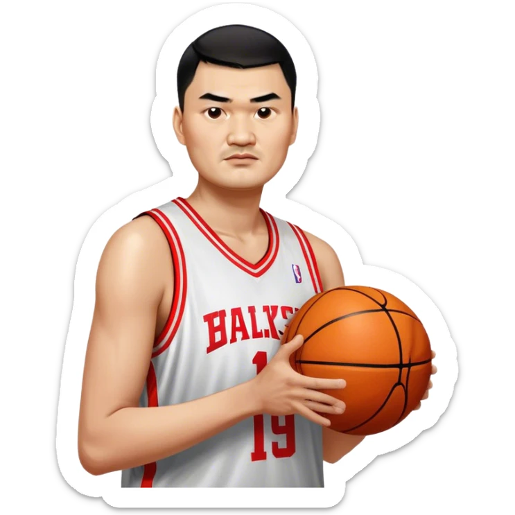 Yao Ming – Cinematic Realistic Portrait of Yao Ming, depicted as a towering basketball icon in a modern uniform, with a gentle yet determined expression and dynamic arena lighting that highlights his immense stature and graceful athleticism. sticker