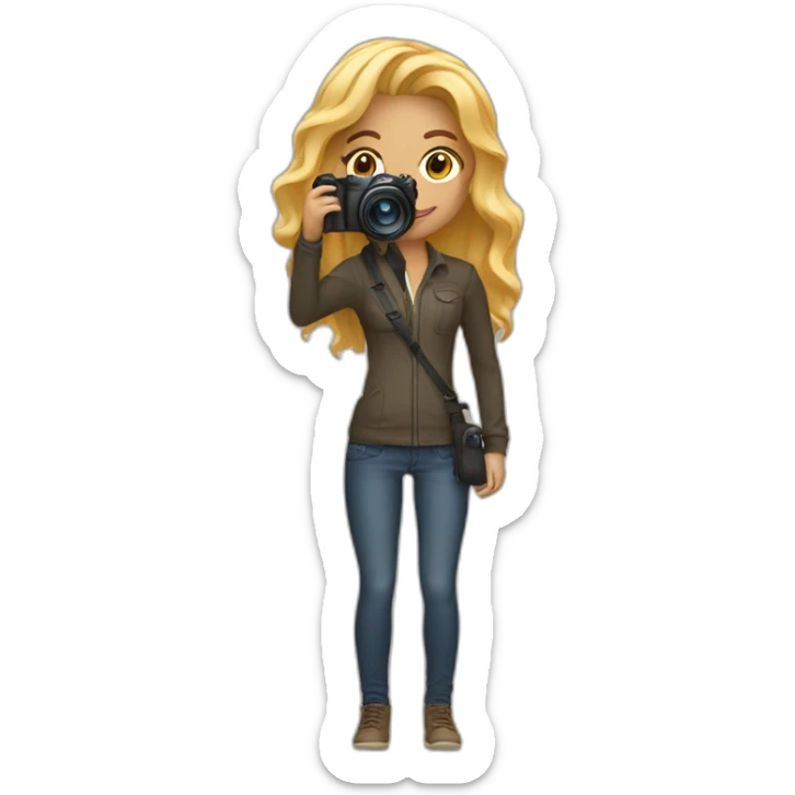 light skin women photographer with honey colored blonde hair holding a camera canon sticker