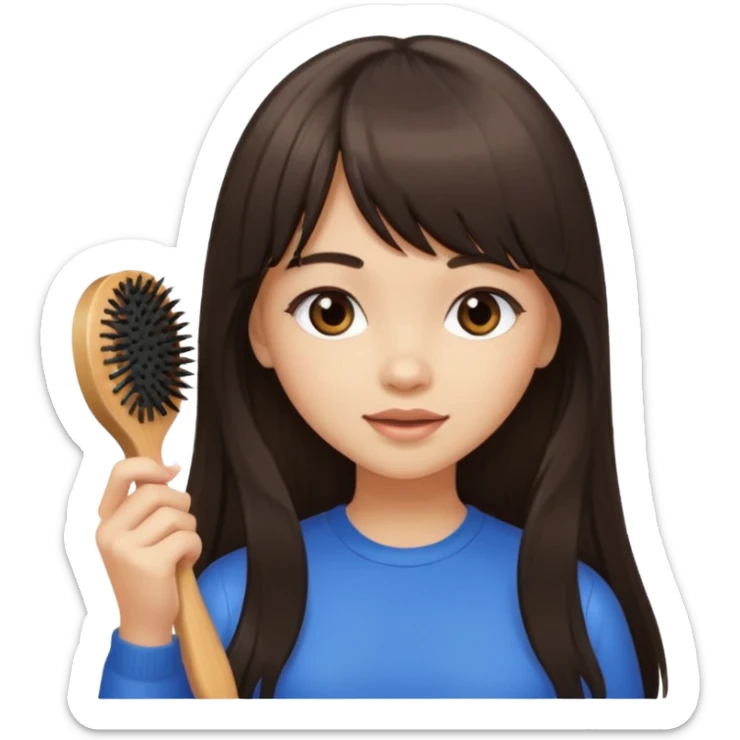 a girl with light skin and dark brown long hair with bangs who is brushing her hair sticker