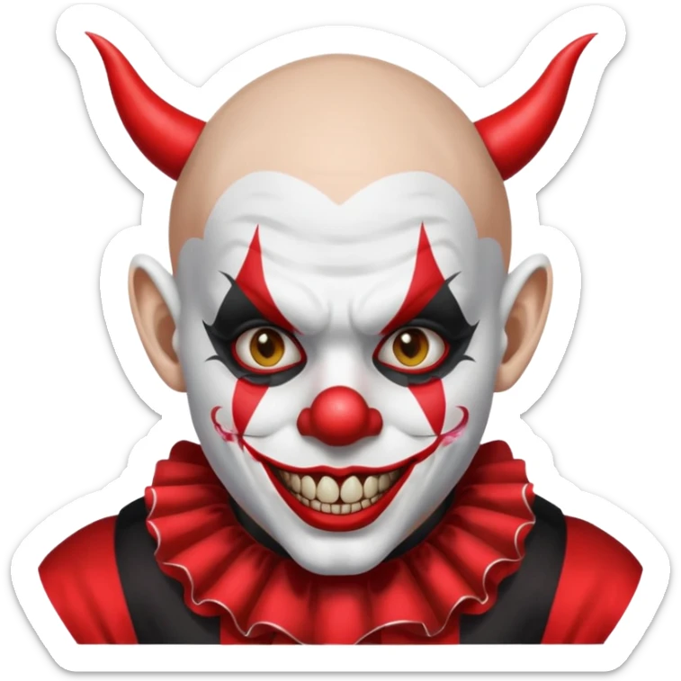 Crea un payaso que tenga toda la parte de la cara pintada de blanco que también de blanco esté la calva que no tenga pelo que tenga unas orejas como de duende, unos dientes picudos, unos cuernos de color negro y un traje de payaso rojo con negro sticker