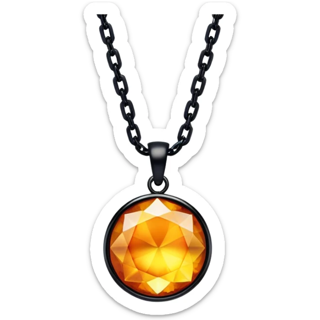 extreme close up of a round cut holographic amber charm with black findings and black chain, chain and findings very close to the gem sticker