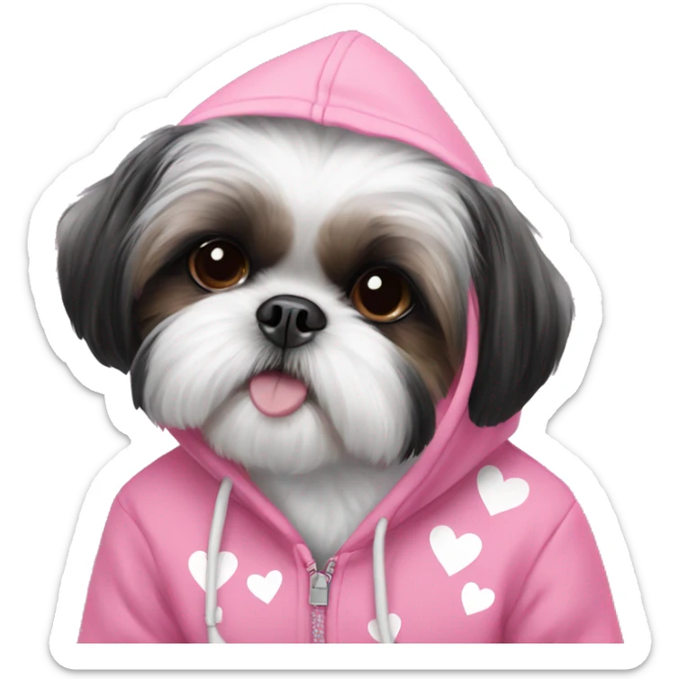 A girl  black and white shih tzu wears a pink hoodie with hearts on it sticker