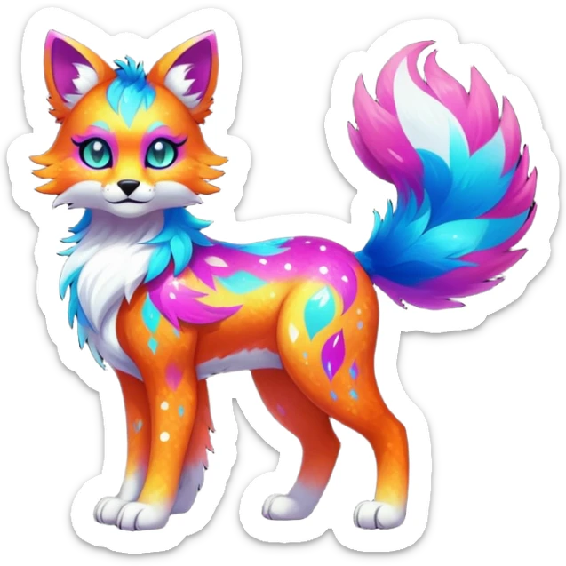 Vibrant multicolored neon-colored Falvie-Fionbri-creature-sparkle-feline-canine-hybrid-fursona, full body sticker