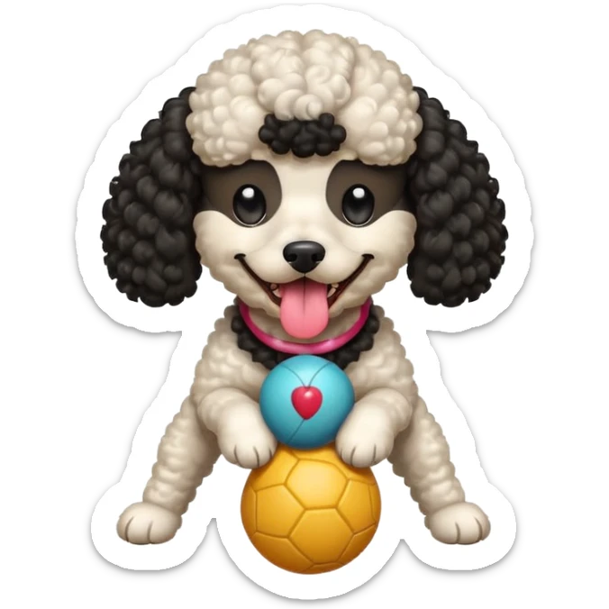 BLACK HAIR Poodle dog curly hair playing with ball with tongue out sticker