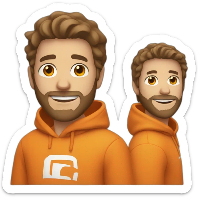 white dude smiling with a brown beard and short brown hair with an orange hoodie sticker