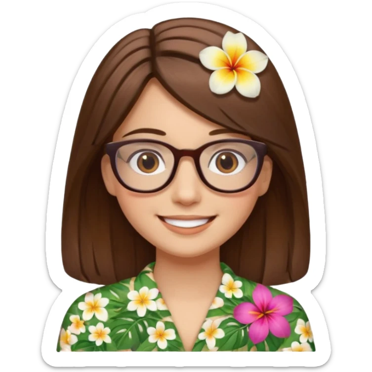 Hawaii female with fair skin. Shoulder length straight brown hair. Brown eyes with glasses. Hawaiian Flower in hair sticker