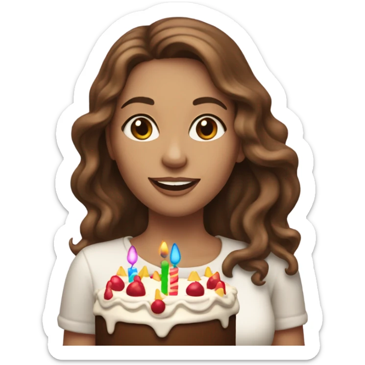 White woman, long hair, brown hair, wavy hair, holding birthday cake sticker