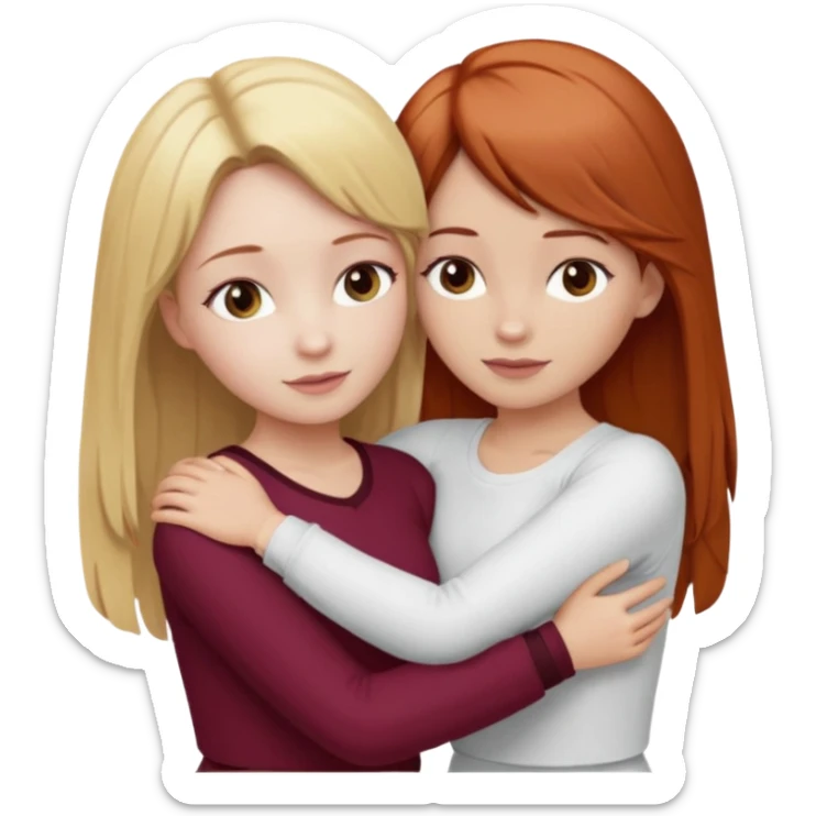 two girls who hug eachother. one has auburn hair with blonde highlights and very pale skin , other has medium-fair skin and blonde hair. girl with auburn or dark blonde hair is wearing a white outfit and girl with blonde hair is wearing a burgundy outfit sticker