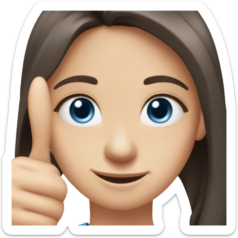 Girl with dark brown long hair, pale skin, blue eyes, light pink top, doing a thumbs up sticker