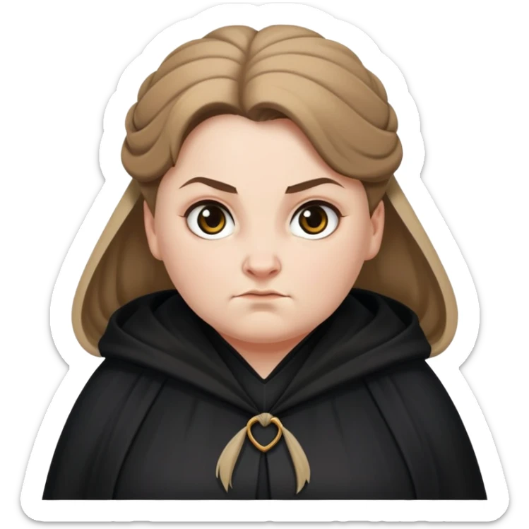 Alecto Carrow in harry potter, a white fat woman , one knot bun light brown hair, look evil, black cloak sticker