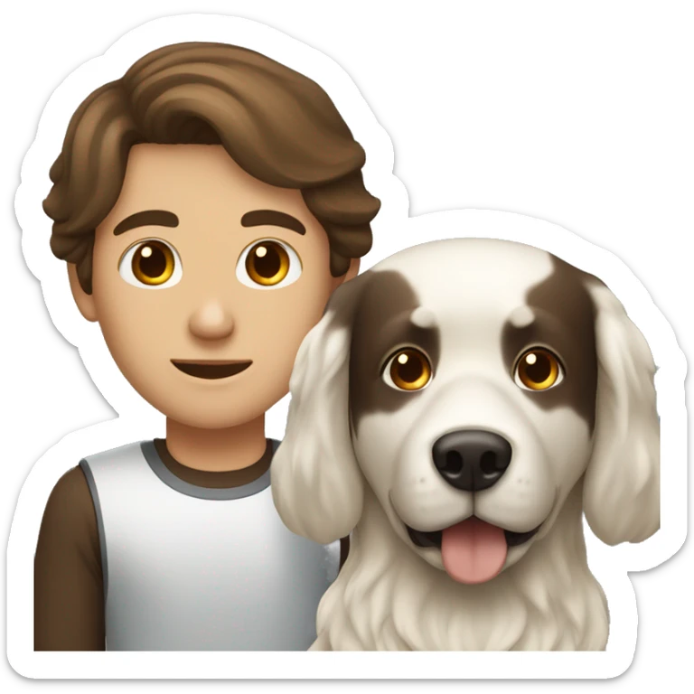 brown hair white man and dark brown long hair woman with a white dog sticker