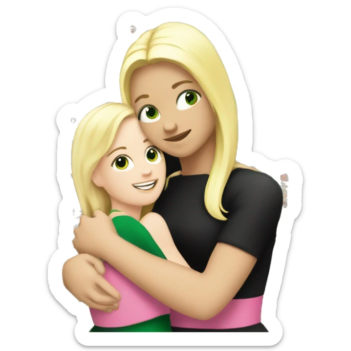 white girl with blonde hair and pink dress hugging girl with green skin in black dress sticker