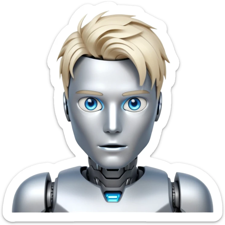 Male humanoid robot with messy straight blond hair, metallic face, digital eyes, sharp jawline, futuristic sticker