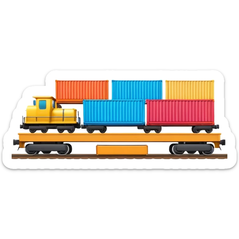 A 3D cartoon cargo train with colorful containers on flatbed cars, industrial background, Memoji-style realism. sticker