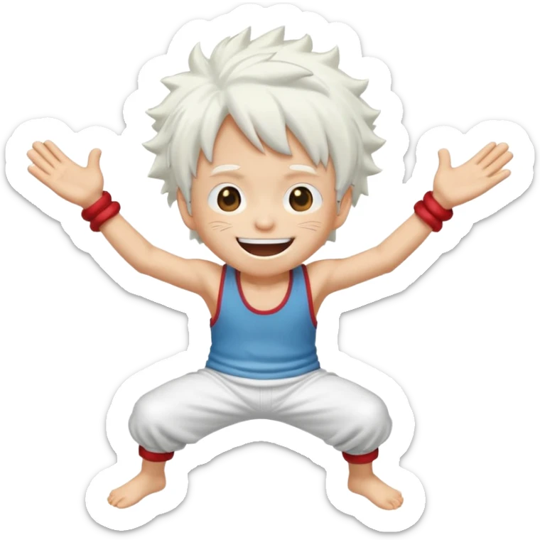 a joyful cartoon-style emoji of Luffy as a laughing character with wild, fluffy white hair, and a glowing white outfit. The character should have a big open smile, one hand on its face in laughter , and be in a dynamic mid-air pose with bent legs, as if carefree and floating. sticker