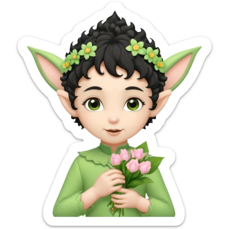 Tiny elf baby black curly hair with pointy ears and hat, pastel green outfit, hold flowers sticker
