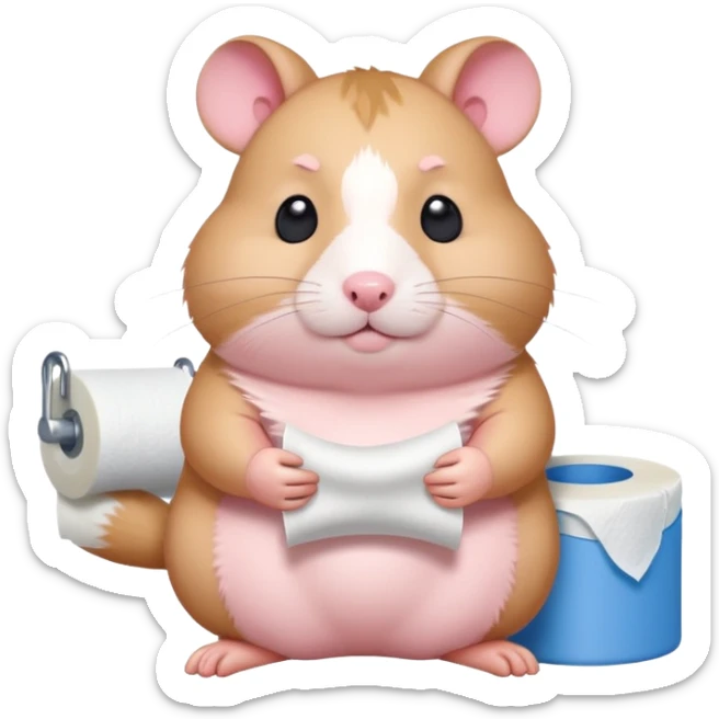 Cute chubby cartoon-style hamster sitting on toilet holding toilet paper looking as if he had an accident, sticker-style illustration sticker
